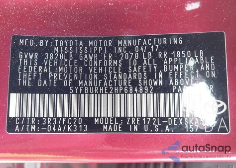 2017 Toyota Corolla Se from USA, damaged, VIN 5YFBURHE2HP684892